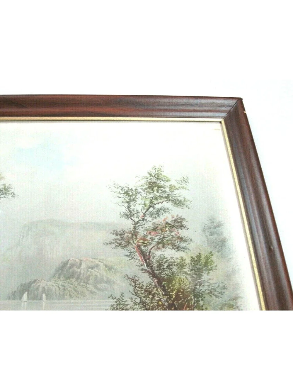 Antique RAYMOND Litho Art Print Country Lake Mountain Cattle Boat 22x18 Framed